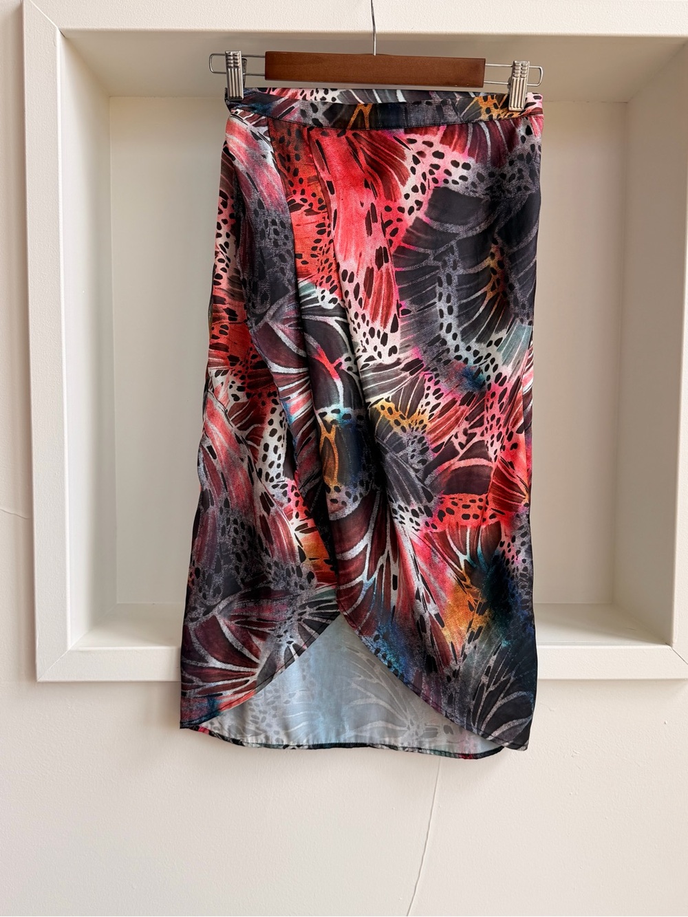 L'Academie Multicolor Asymmetrical Wrap Skirt in Red, Black, Teal